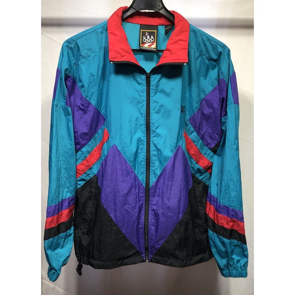 Vintage JC Penny Olympics USA Jacket Windbreaker  L Colorblock Purple Teal 1980